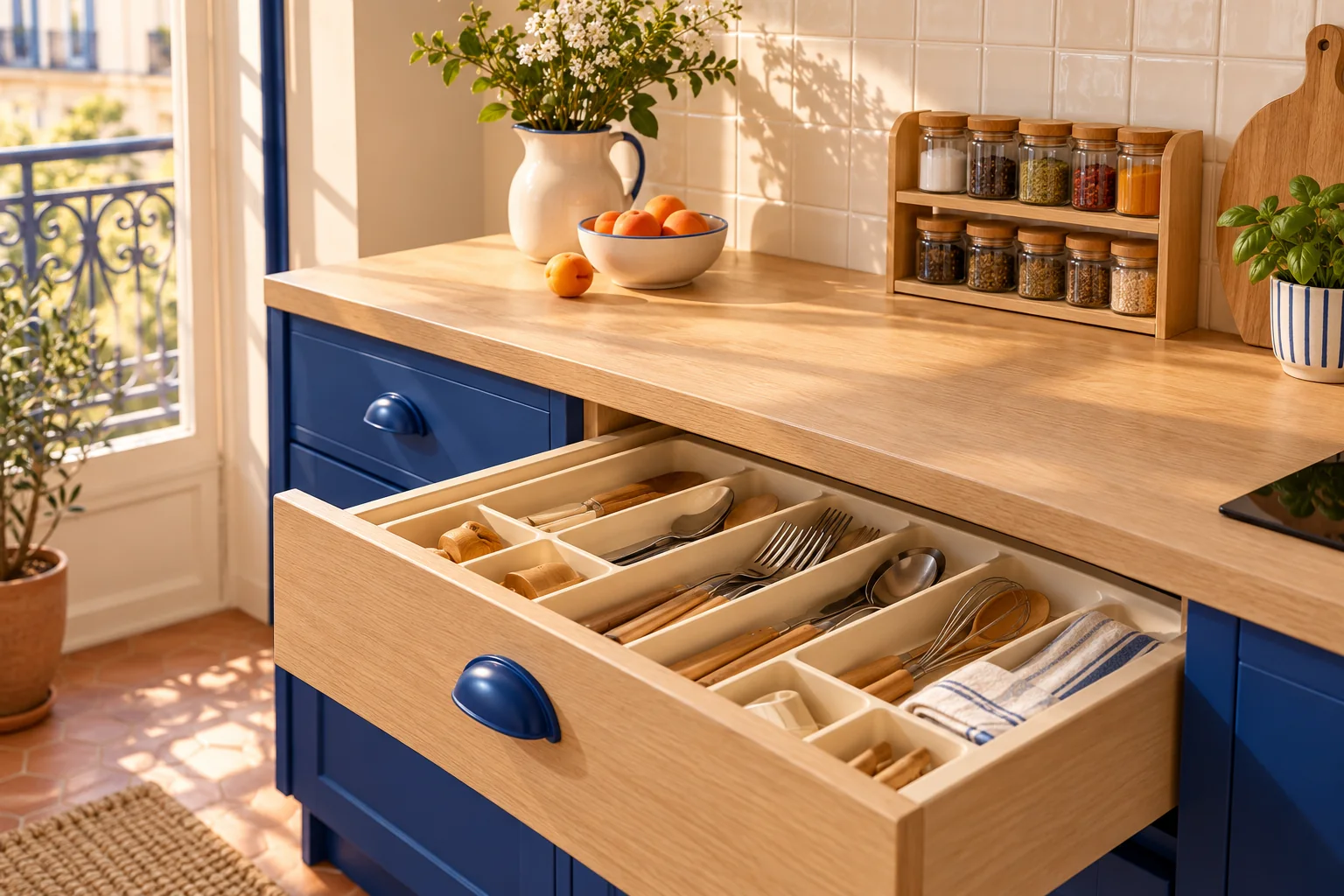 Illustration d’ambiance : cuisine crème et bleu cobalt, tiroir organisé et plan de travail en bois clair.